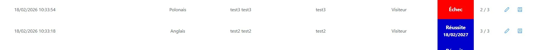 Tableau d'administration — historique des résultats et traçabilité