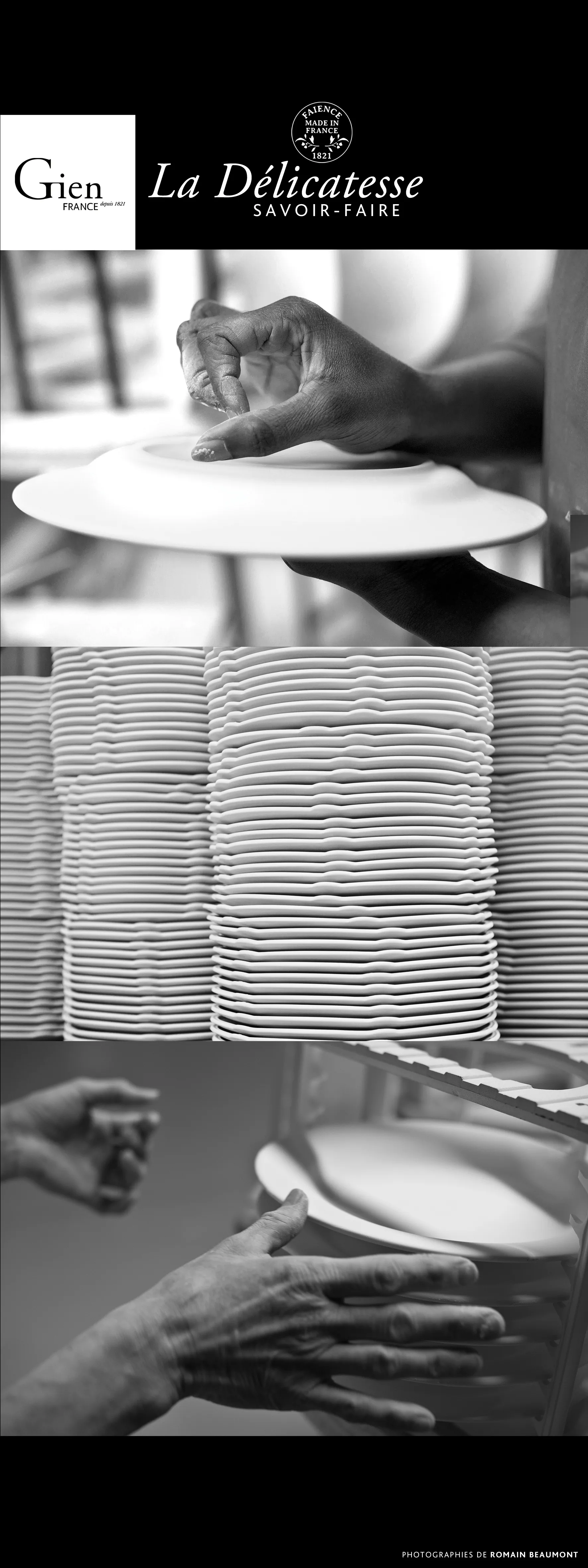 Main posée avec délicatesse sur un grand plat ovale en faïence blanche