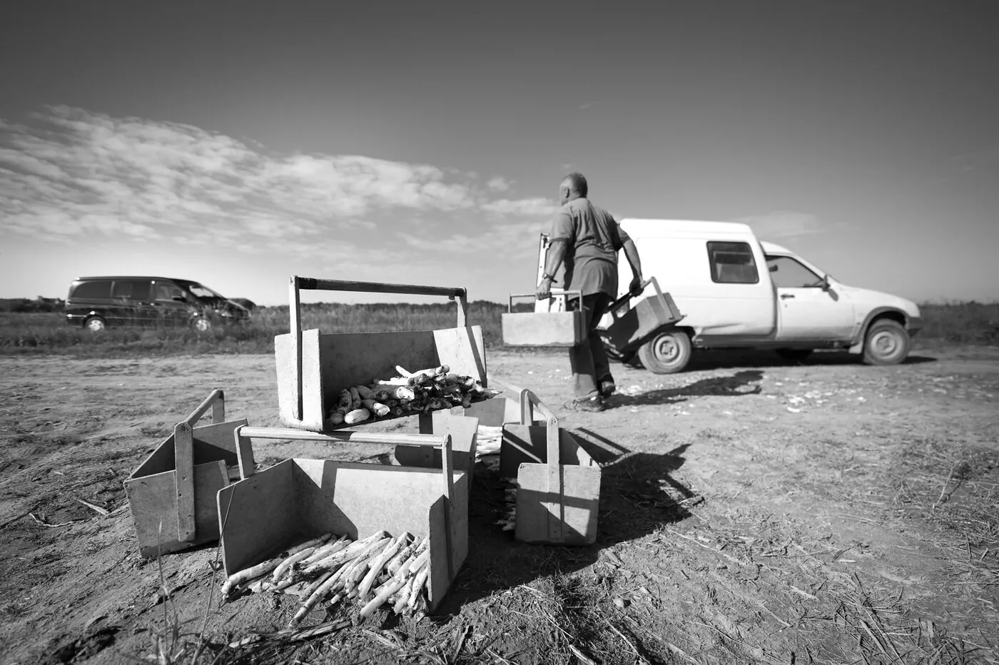 Outils agricoles appuyés contre un mur de grange, pelles, fourches et balais